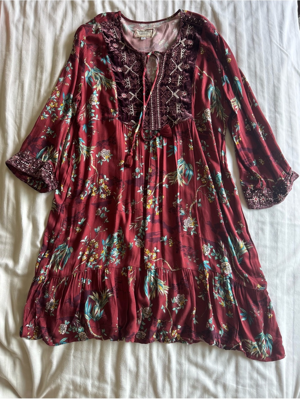 Johnny Was Workshop Boho Floral Tie-Neck Dress in Burgundy size M